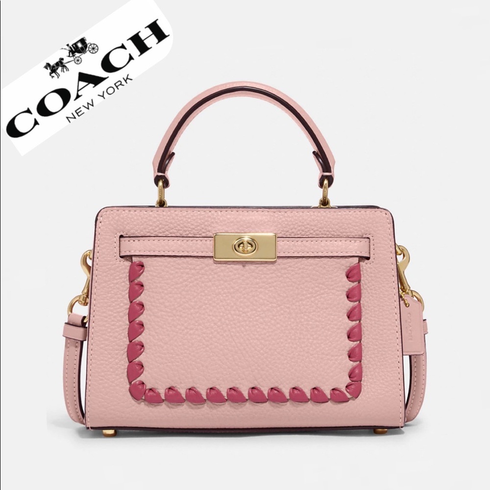 SALE🔥COACH MINI LANE TOP HANDLE WITH‎ WHIPSTITCH GOLD/PINK LEATHER SHOULDER BAG